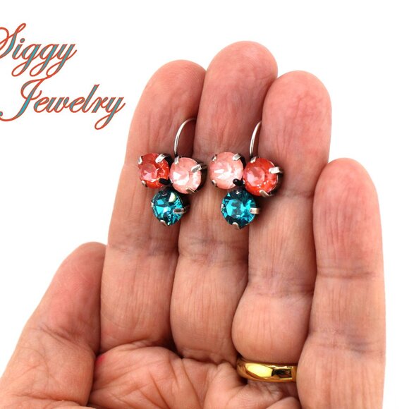 Triple Drop Earrings made with Genuine Austrian Crystals in Coral and Teal - Picture 4 of 6